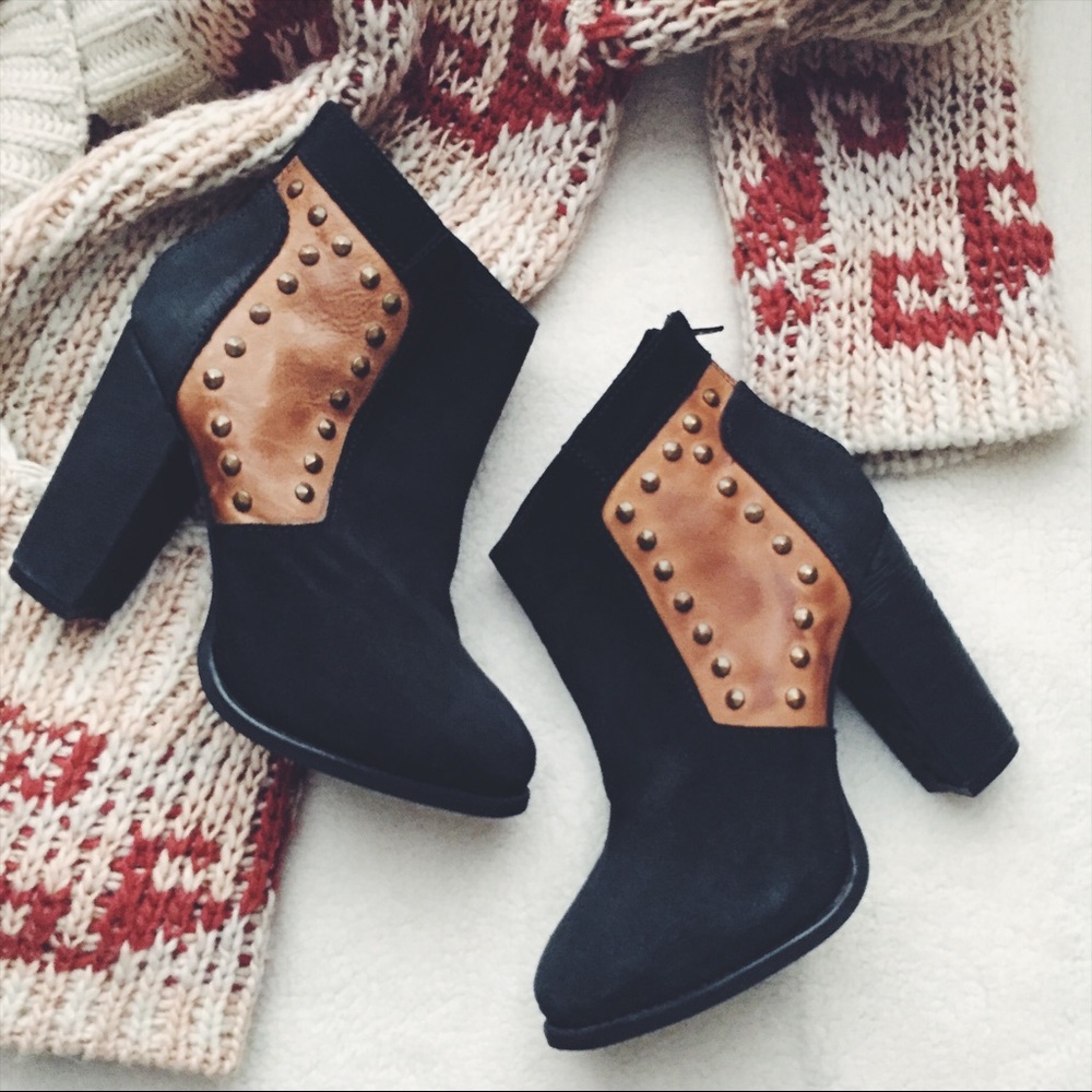 Free People Black Suede Leather Studded Booties